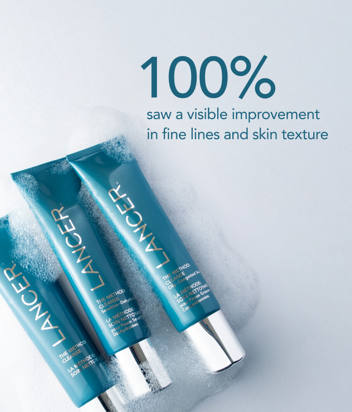 Two blue Lancer skincare products with text on a light gray background-Lancer Skincare