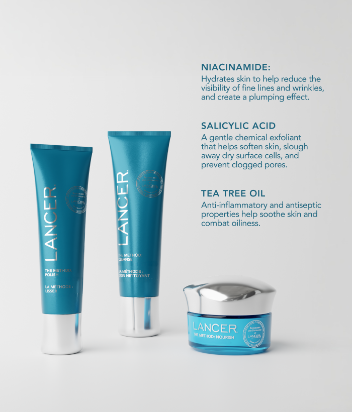 Lancer skincare products with text about niacinamide, salicylic acid, and tea tree oil on a white background-Lancer Skincare