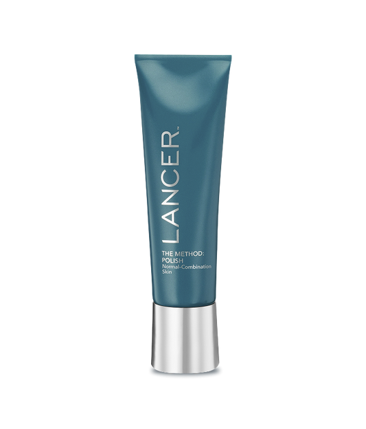 Blue tube of Lancer skincare product on a white background