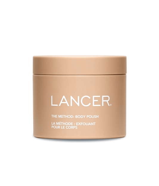 Beige container of 'Lancer' body polish on a white background