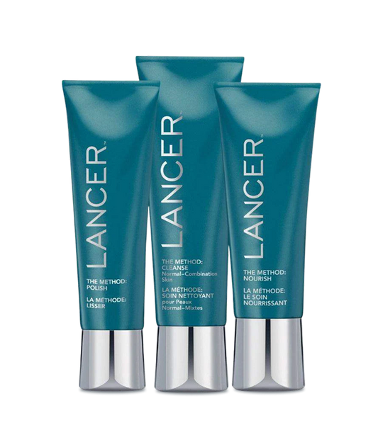 Three Lancer skincare products on a white background
