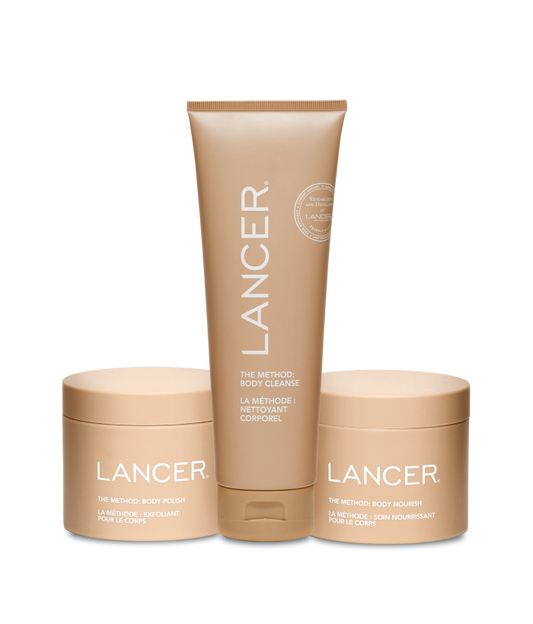 Three Lancer skincare products on a white background