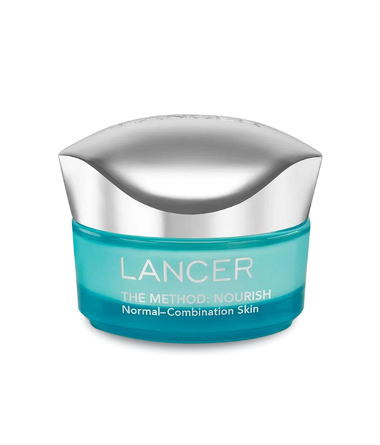 Lancer skincare product with blue jar and silver lid on a white background