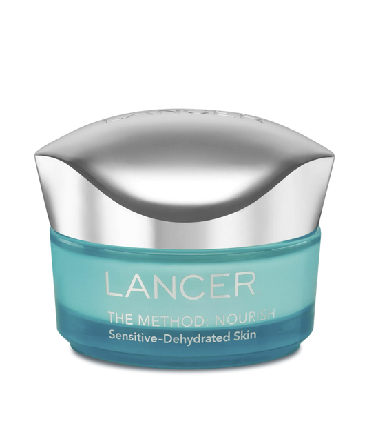 Lancer skincare product with blue jar and silver lid on a white background