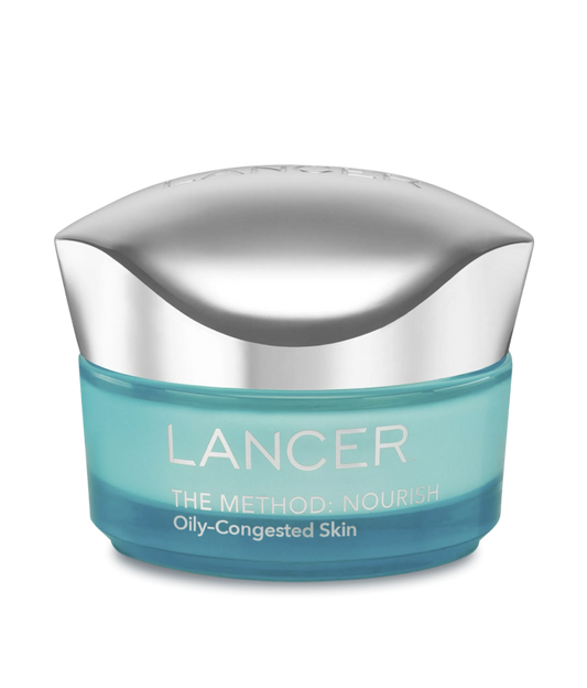 Lancer skincare product with blue jar and silver cap on a white background