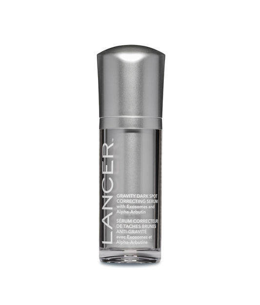 Silver skincare serum bottle with 'Lancer' branding on a white background