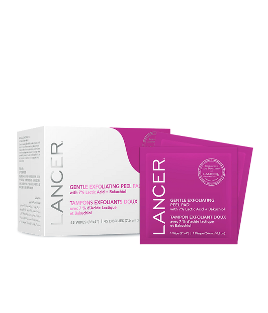 Lancer Gentle Exfoliating Peel Pad packaging with a white box and purple packets on a white background