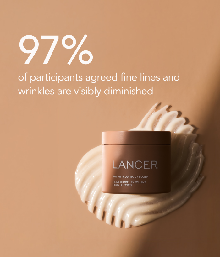 Lancer skincare product with cream on a brown background and text about wrinkle reduction.-Lancer Skincare