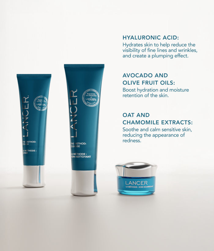 Lancer skincare products with text about ingredients on a white background-Lancer Skincare