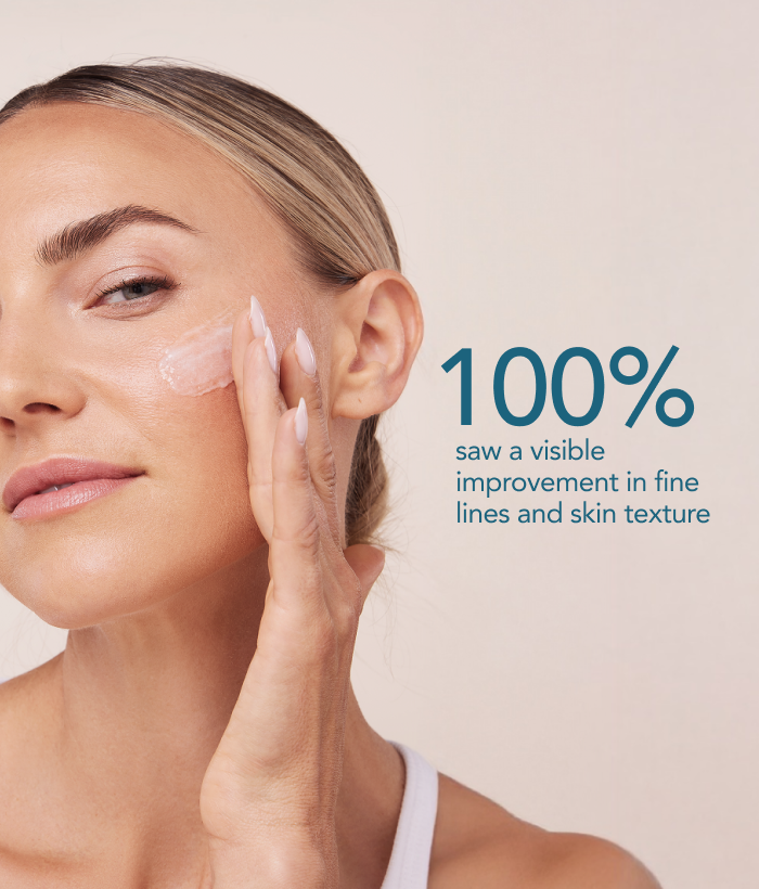 Woman applying cream to her face with text about skin improvement on a beige background-Lancer Skincare