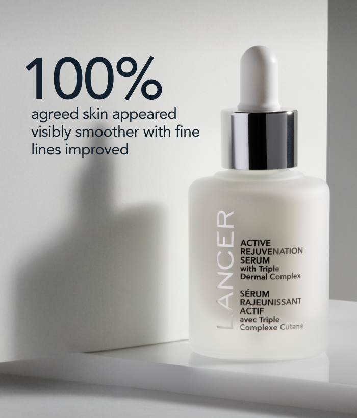 Lancer Active Rejuvenation Serum bottle on a white background with text about skin improvement.-Lancer Skincare