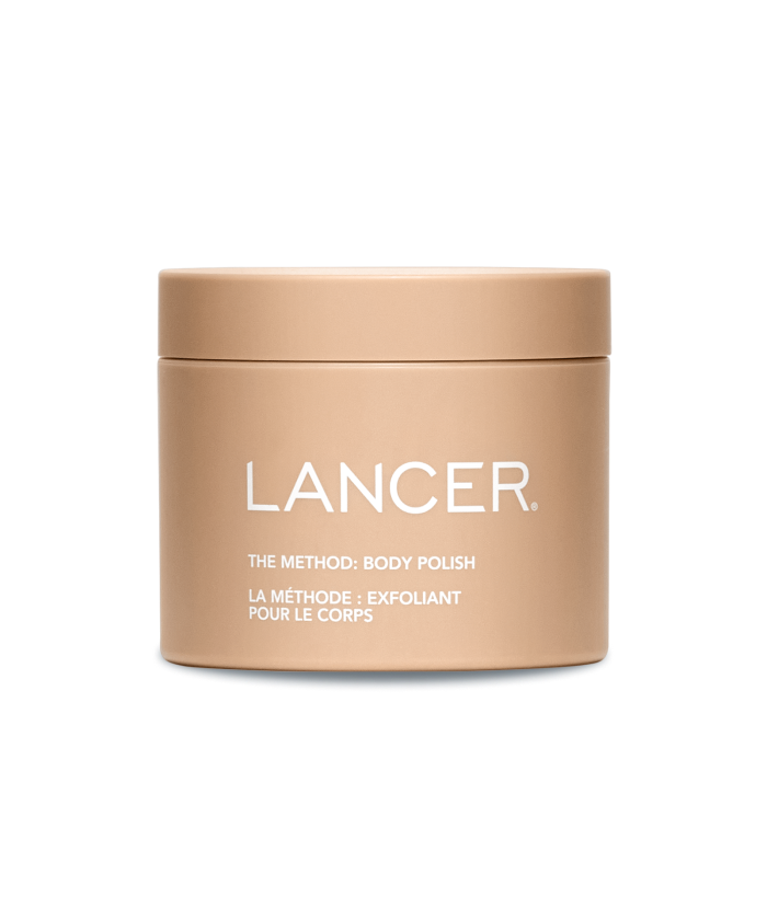 Beige container of 'Lancer' body polish on a white background
