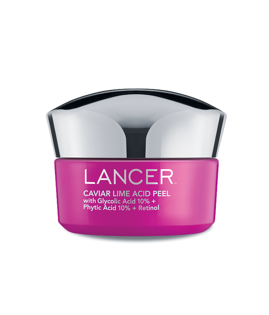 Lancer skincare product with pink jar and silver lid on a white background