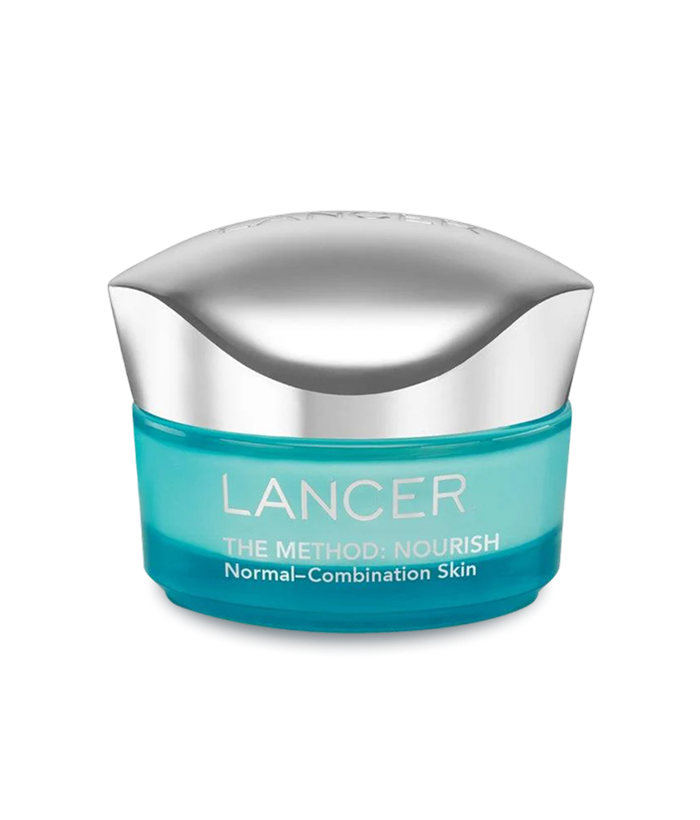 Lancer skincare product with blue jar and silver lid on a white background