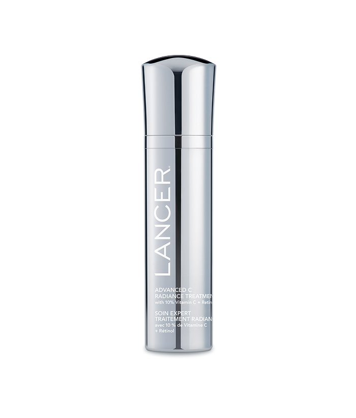 Silver skincare bottle with 'Lancer' branding on a white background