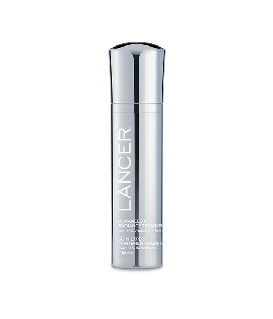 Silver skincare bottle with 'Lancer' branding on a white background