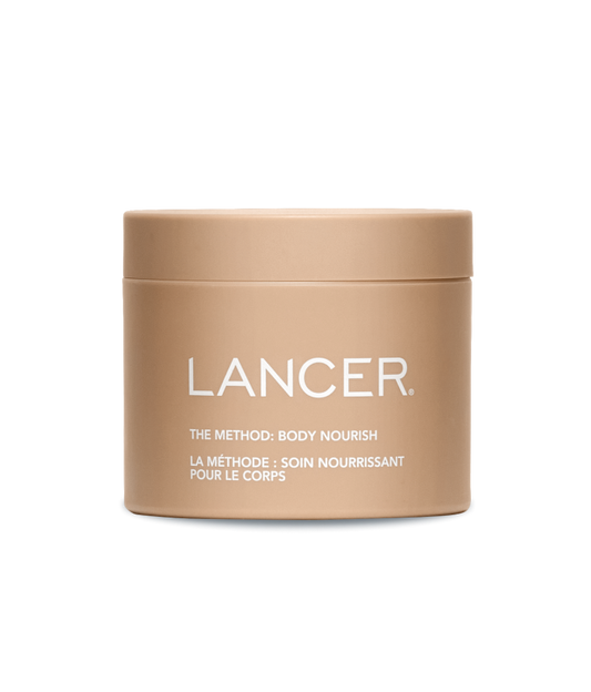 Beige jar with 'Lancer' branding on a white background