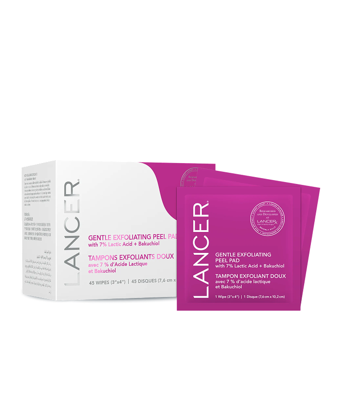 Lancer Gentle Exfoliating Peel Pad packaging with a white box and purple packets on a white background-Lancer Skincare