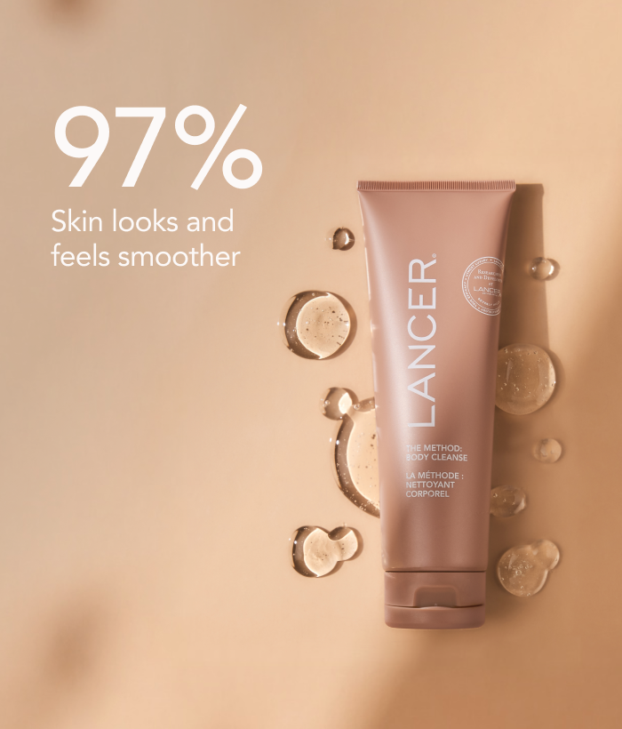 Lancer body cleanser on a beige background with text about skin smoothness-Lancer Skincare